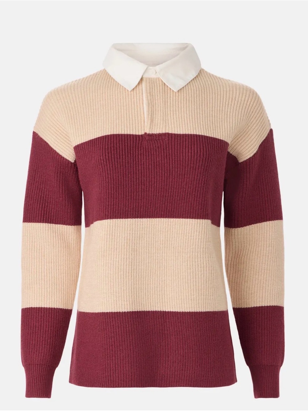 Line & Dot Burgundy and Cream Striped V‑Neck Rugby Sweater